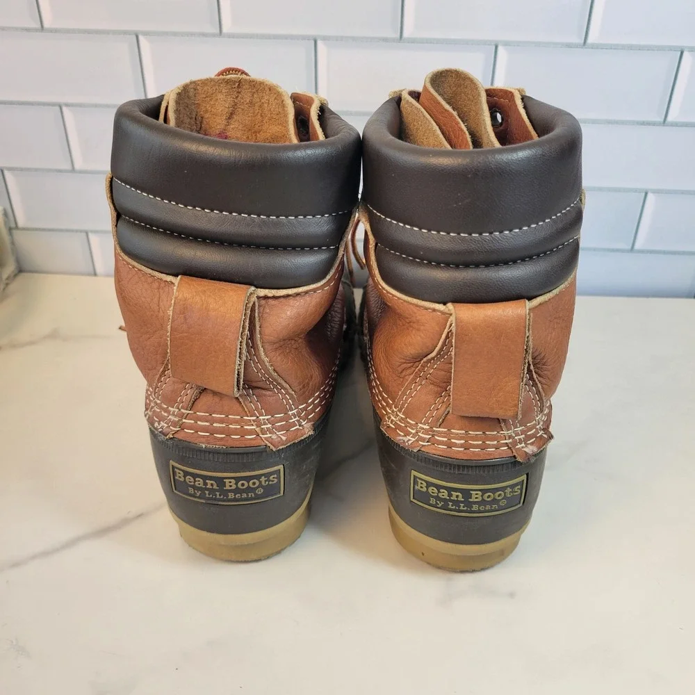LL Bean Mens 8 inch Bean Boots Brown Tan Leather Duck Boots Size 10 USA